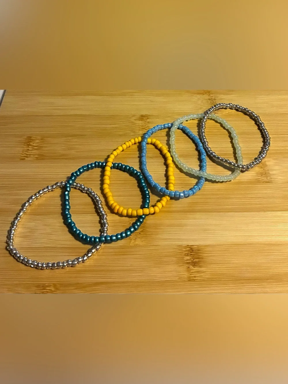 Beaded Stretch Bracelet Set - Yellow, Teal, Light Blue & Silver